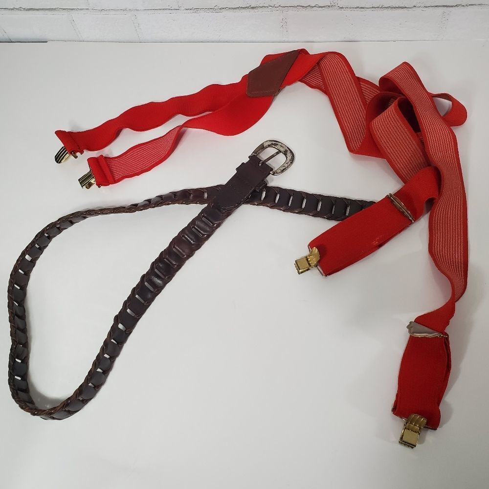 Vintage leather belt and red suspenders‎